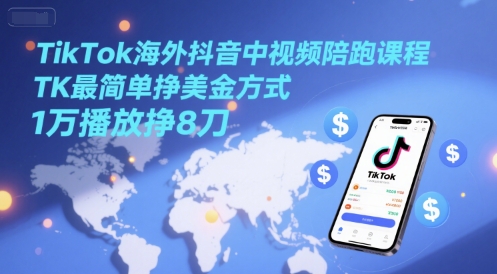 TikTok海外抖音中视频陪跑课程，TK最简单挣美金方式，1万播放挣8刀-创浪聊项目