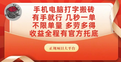 手机电脑打字搬砖，副业可发展主业来做蓝海项目，有手就行，几秒一单，不限单量，多劳多得【揭秘】-创浪聊项目